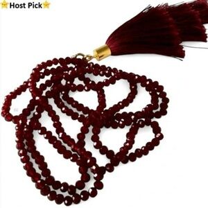 Garnet Red Faceted Crystal Necklace w/ Layered Tassels – 36” Long